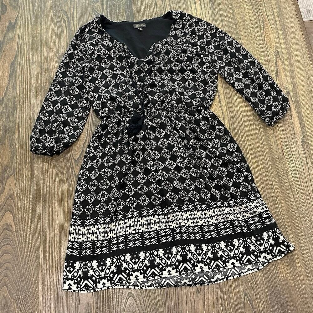 Lily Rose Boho Blouson Dress 3/4 Peasant Sleeves Geometric Taupe/Black Size XS